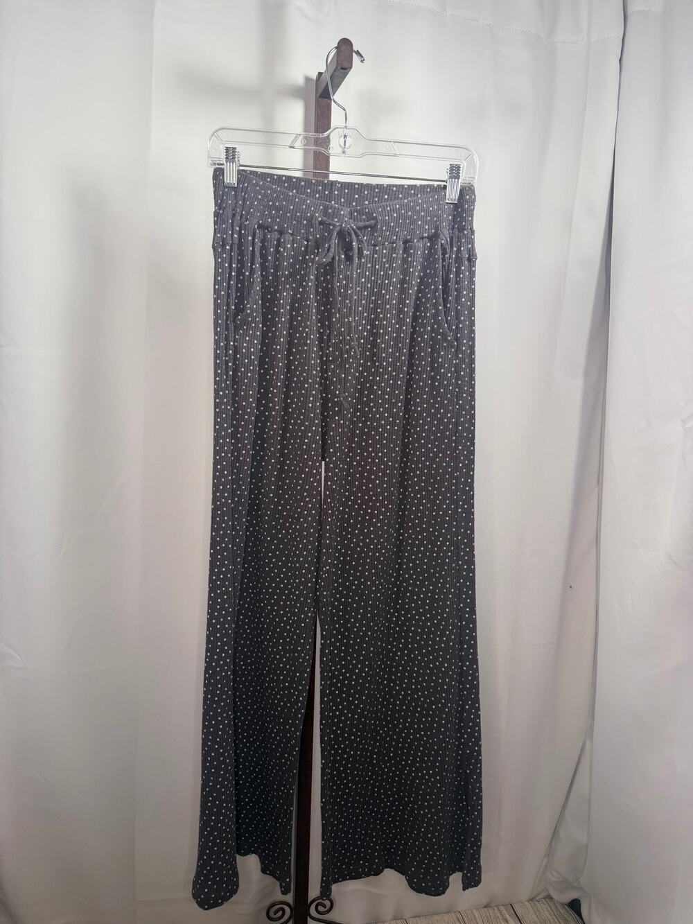 POL Ribbed Gauze Wide Leg Pants Charcoal Dot Print Drawstring Pockets Small